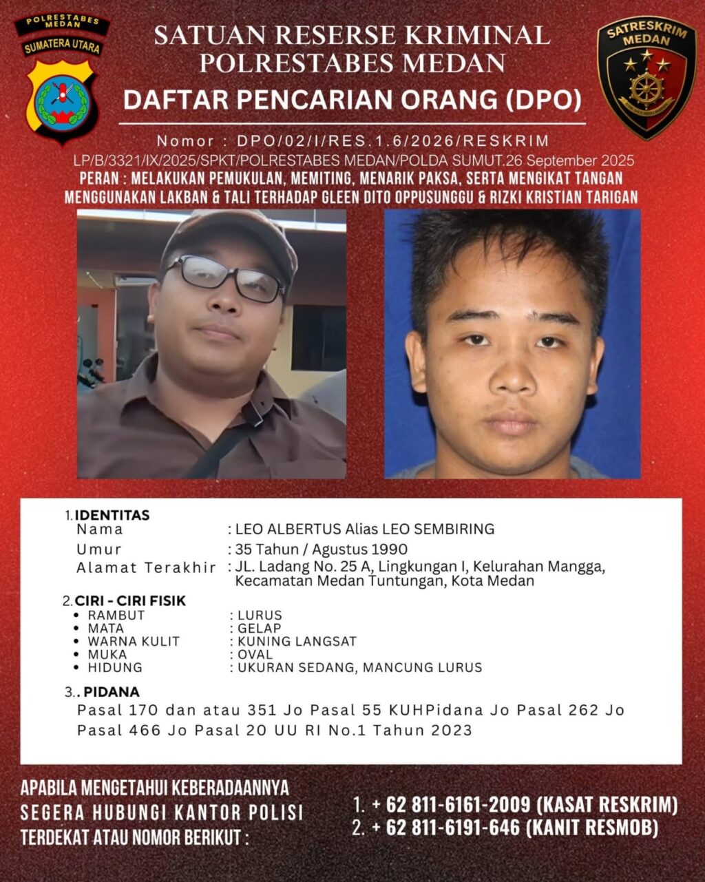 Pernah Terpidana Kasus KDRT, Leo Sembiring Kini DPO Polrestabes Medan Kasus Penganiayaan Dua Warga Dairi