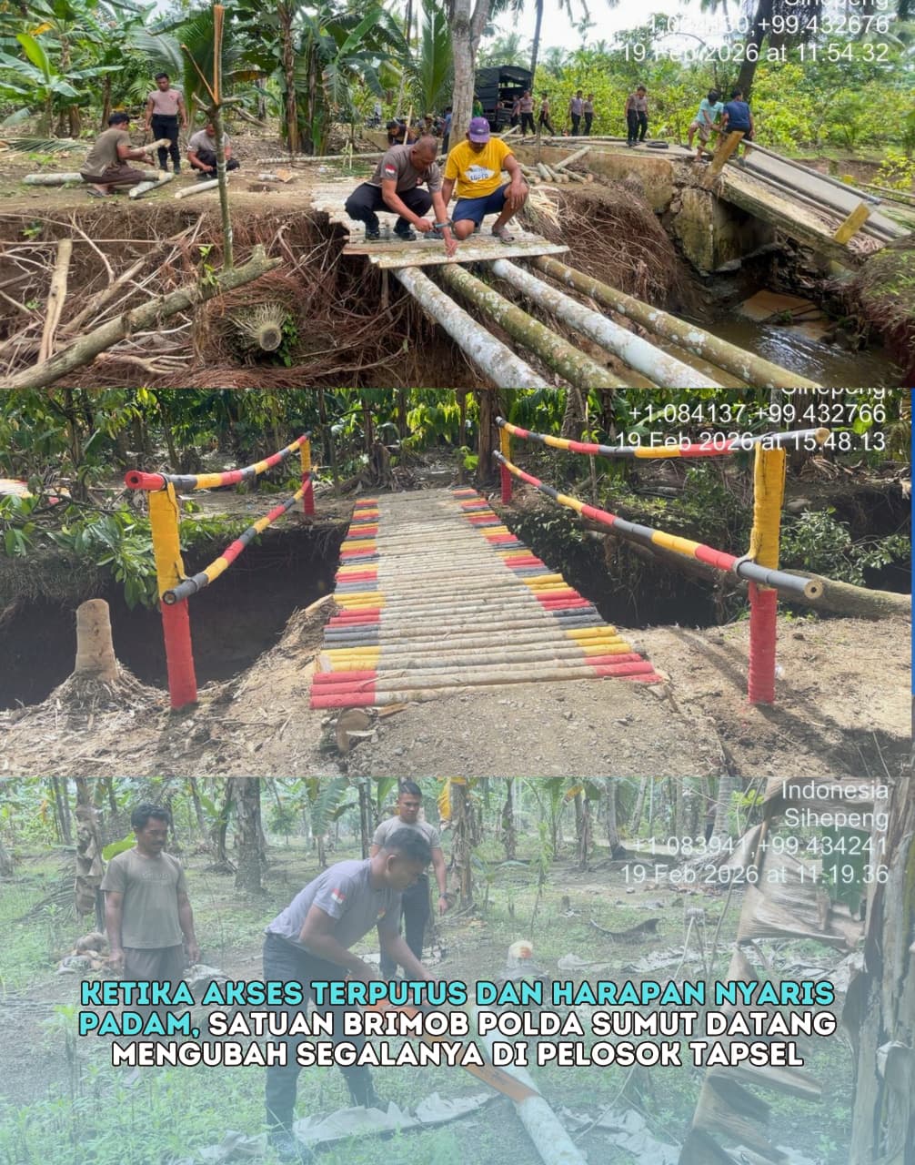 Brimob Polda Sumut Bangun Jembatan Darurat Antar Kecamatan di Tapsel